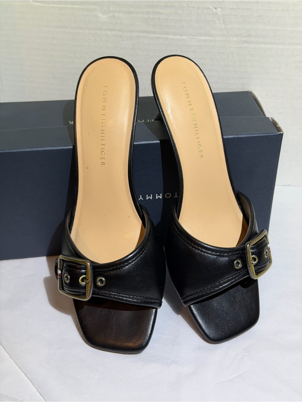 Tommy Hilfiger Black Leather Buckle Mule Slides